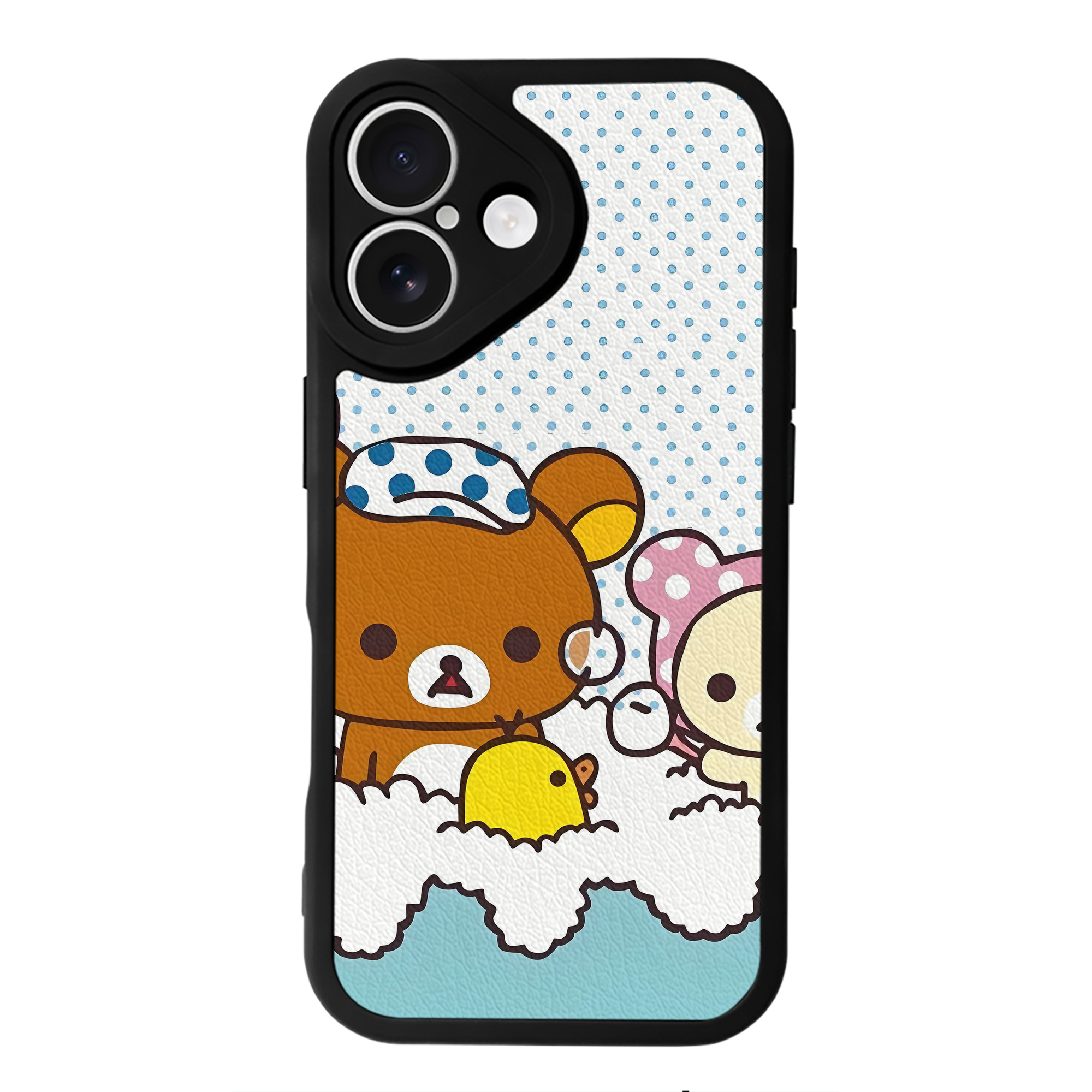 （画像用） リラックマ リラックマ キイロイトリ Rilakkuma Korilakkuma Kiiroitori 【iPhone 16シリーズ対応】シリコンスマホケース（レザー調） 材質：シリコン